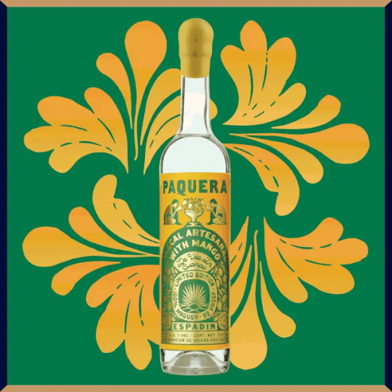 Bottle of Paquera Mezcal Artesanal with Mango. A limited edition bottle.