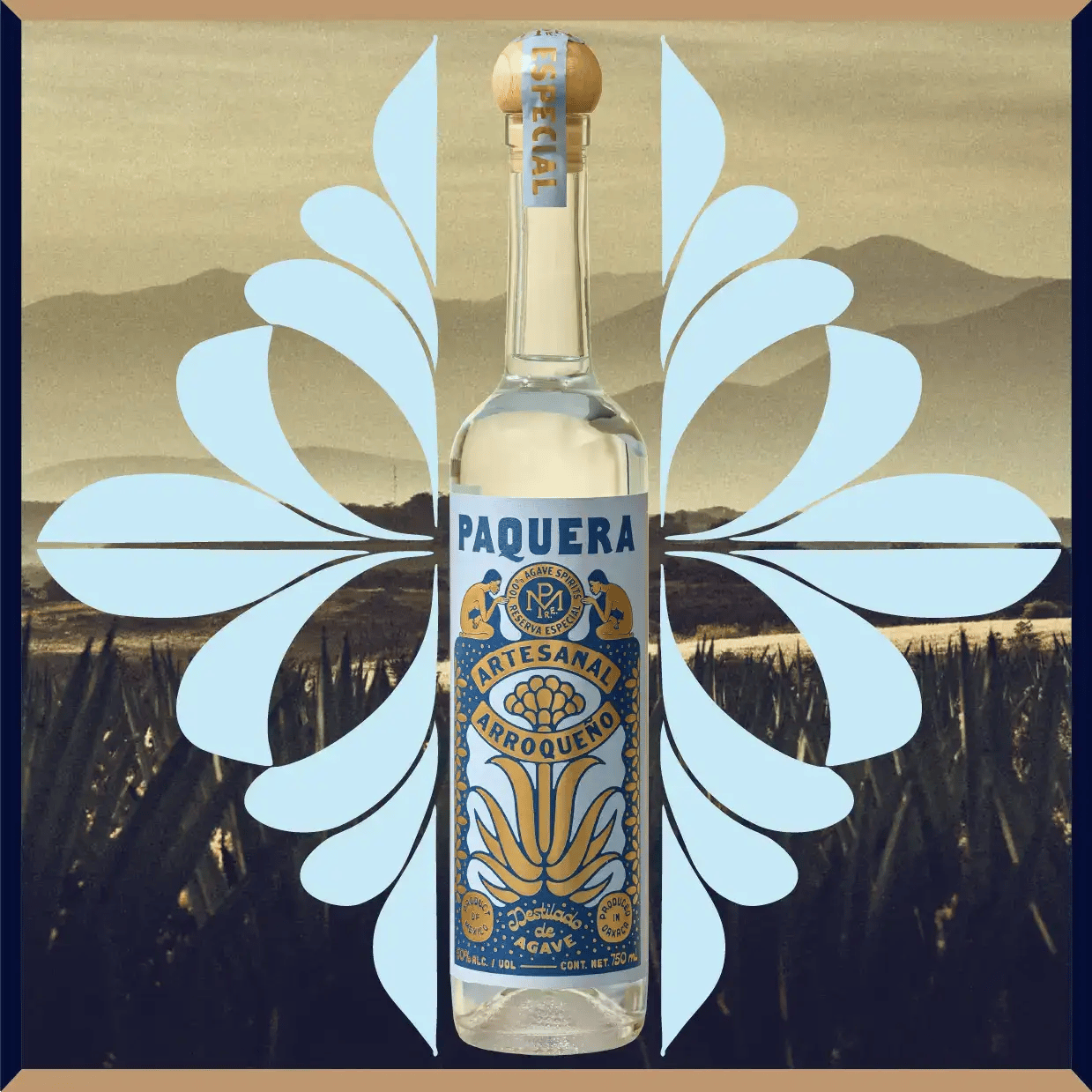 Animated image of a bottle of Paquera Mezcal Artesanal Arroqueño rotating in front of a desert agave field at sunset. The label features bold blue and yellow artwork with a stylized agave plant, floral motifs, and the word "Artesanal" prominently displayed.