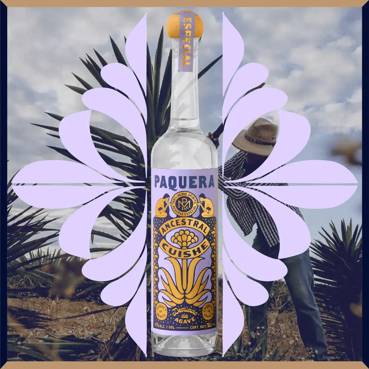 Animated image of a bottle of Paquera Mezcal Ancestral Cuishe in front of a lush agave field with mountains in the background. The label features soft lavender and golden-yellow tones, with an ornate agave illustration and the word "Ancestral" clearly shown.
