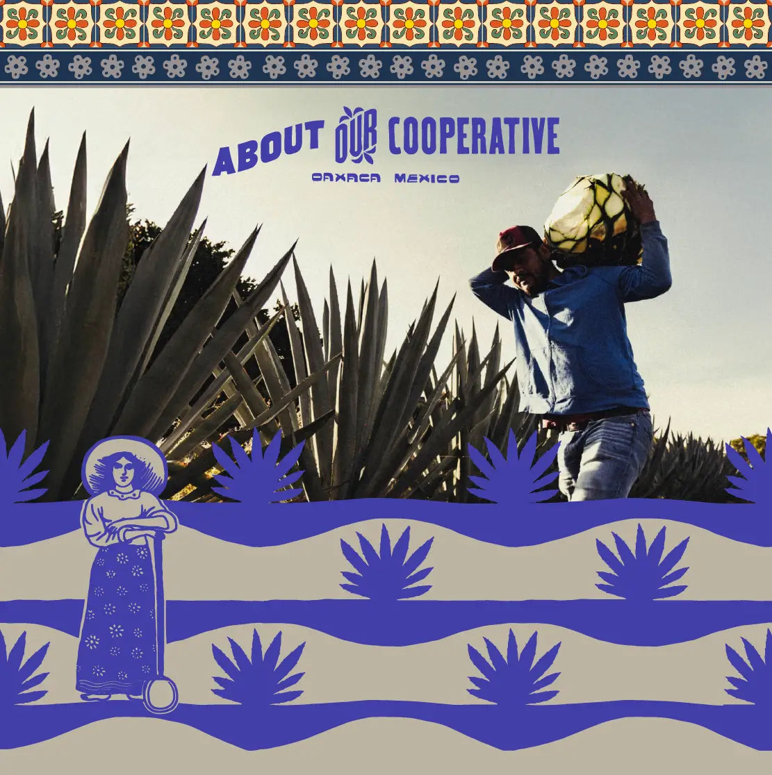 Jimador carrying a harvested agave piña through a mezcal field in Oaxaca, Mexico, with large agave plants in the foreground. Decorative traditional motifs frame the image.