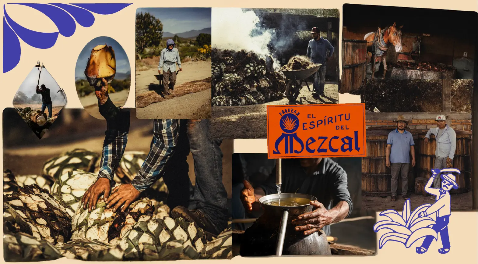 Collage of mezcal production in Oaxaca, showing jimadores harvesting agave, roasting piñas, distilling, and the hands-on process of artisanal mezcal making.