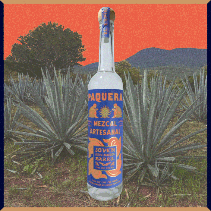 Paquera Mezcal Artesanal Barril bottle with a field of agave plants in the background