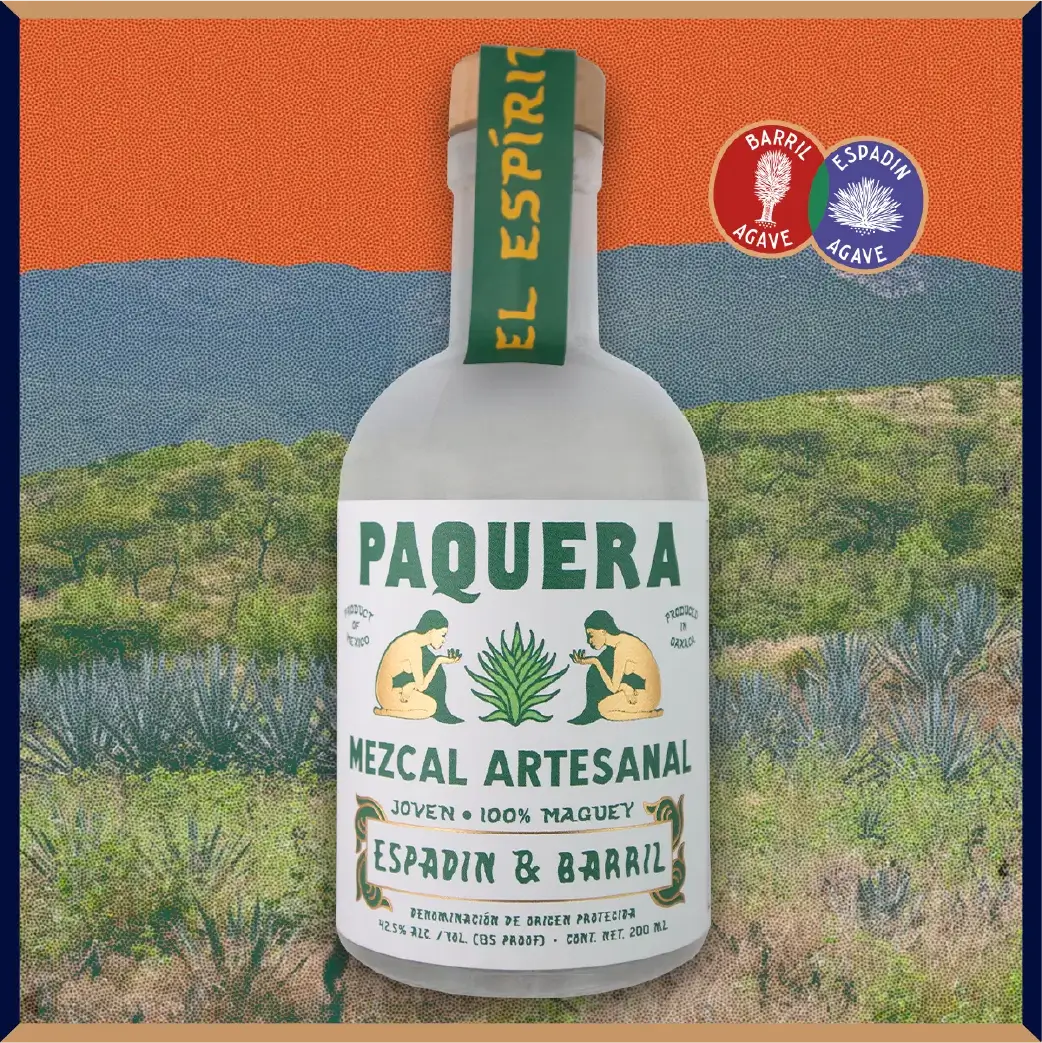 Paquera Mezcal Artesanal bottle featuring Espadín & Barril agave blend, set against an illustrated agave field backdrop.