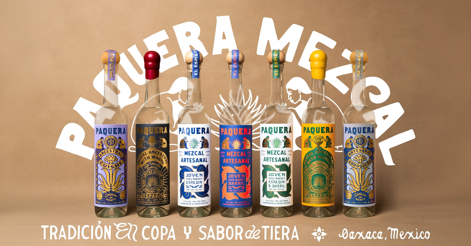 Six bottles of Paquera Mexcal tequila arranged in a row against a warm tan background, with large white arched text reading 'PAQUERA MEXCAL' behind them and additional text at the bottom.