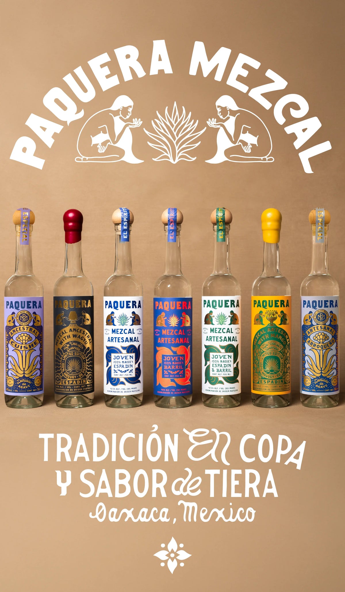 Paquera Mezcal collection featuring seven artisanal mezcal bottles from Oaxaca, Mexico, with the phrase “Tradición en copa y sabor de tierra.”